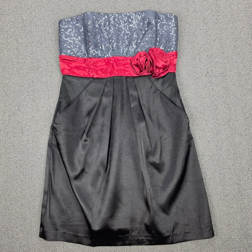 Speechless Strapless Sequin Satin Cocktail Dress‎ Black Red Rosette Sash Pockets